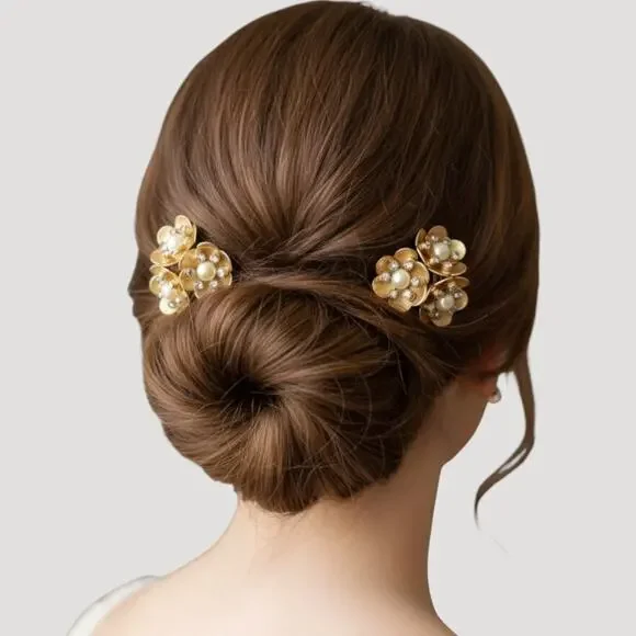 Bridal Floral Hair Combs Gold Flower Pearl Wedding Accessories Vintage Jewelry - Picture 1 of 6